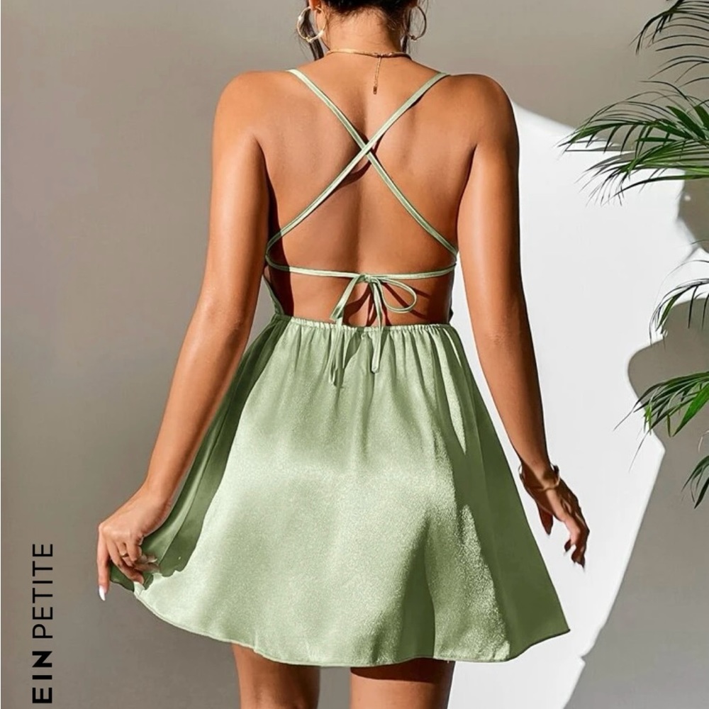 Green cross back satin mini dress